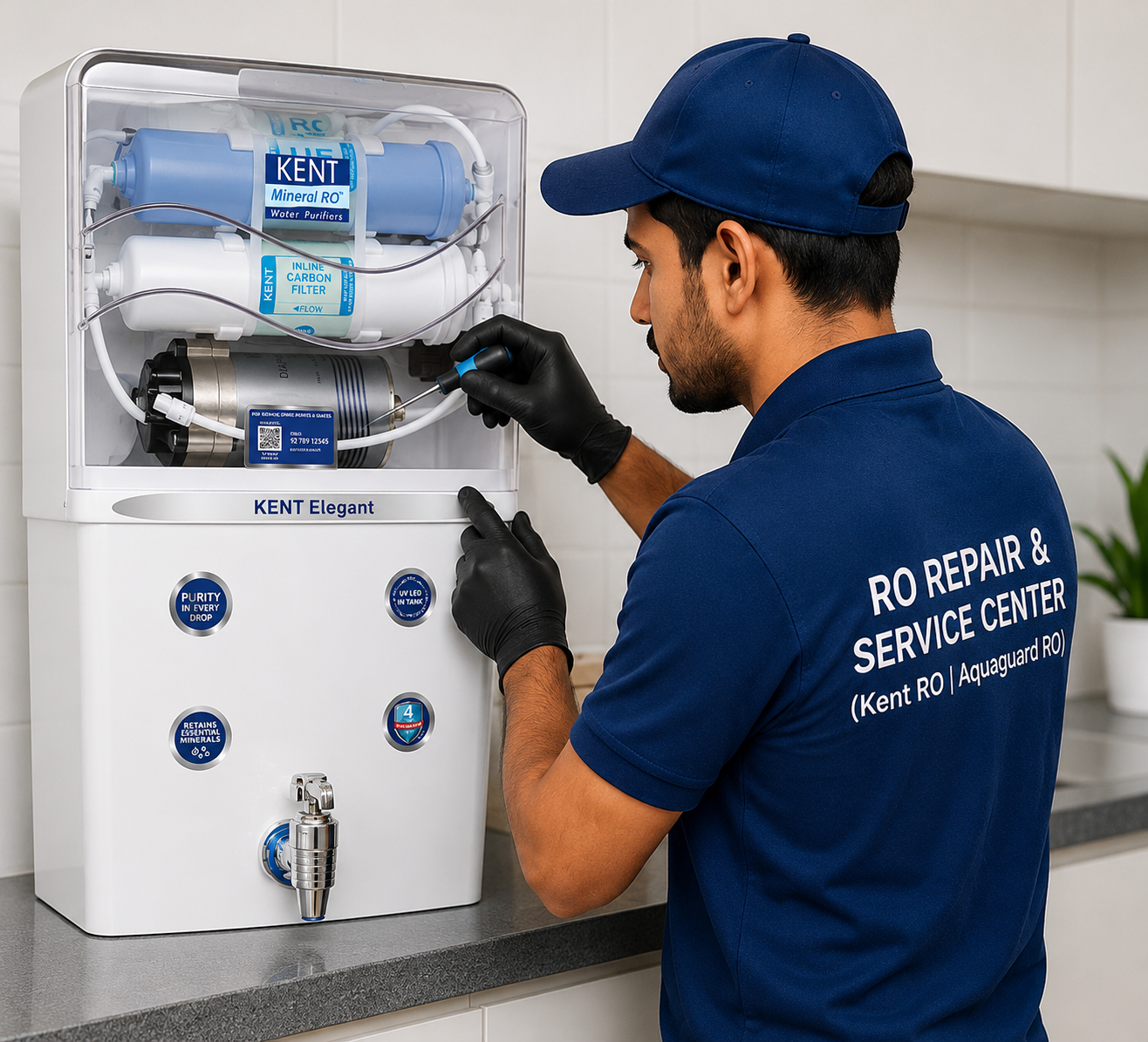 RO repair technician servicing a Kent RO purifier in Lucknow